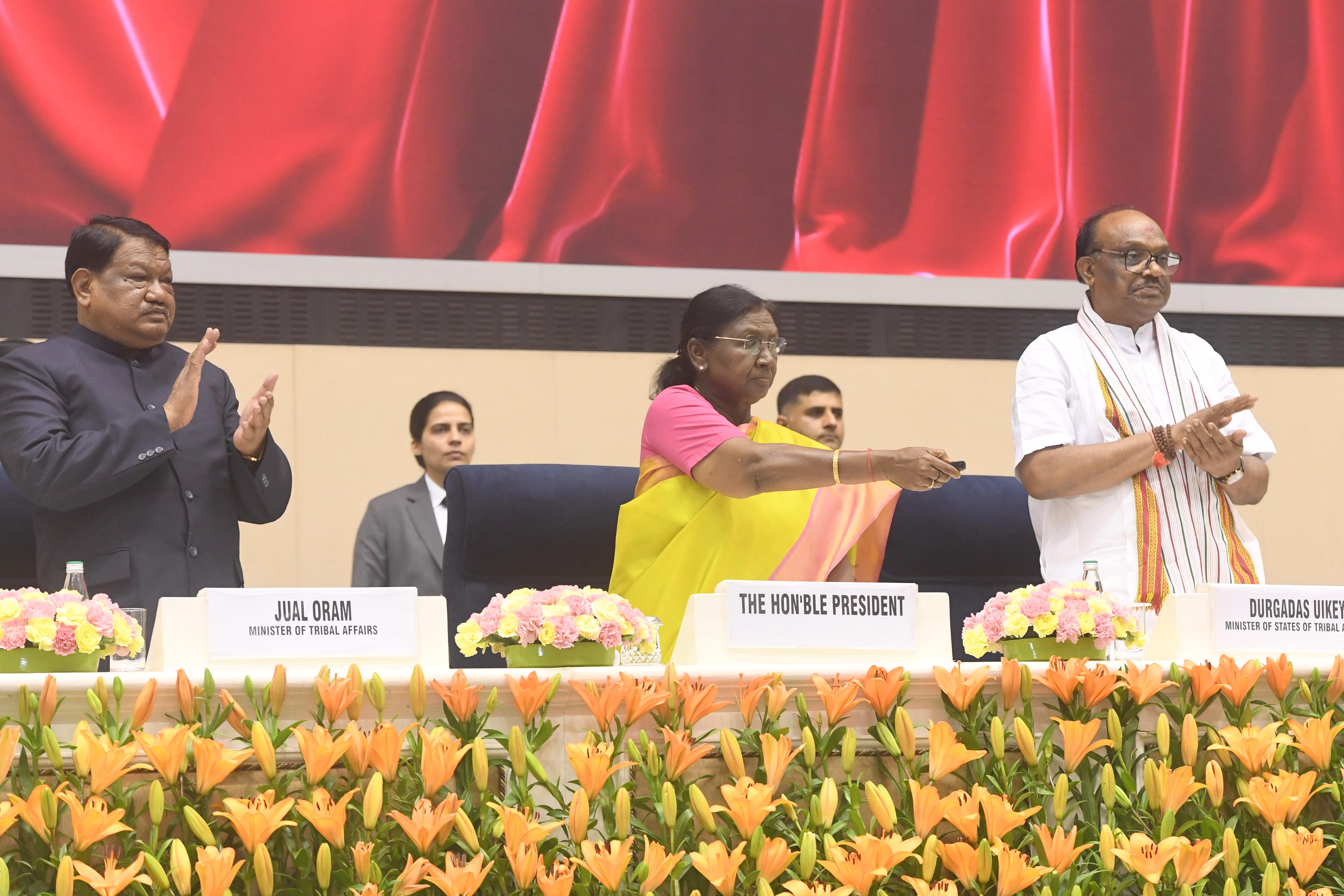 President Droupadi Murmu inaugurates the National Conclave on Strengthening of Integrated Tribal Development Agencies and Integrated Tribal Development Projects organized by the Ministry of Tribal Affairs at Vigyan Bhavan, New Delhi on June 3, 2026