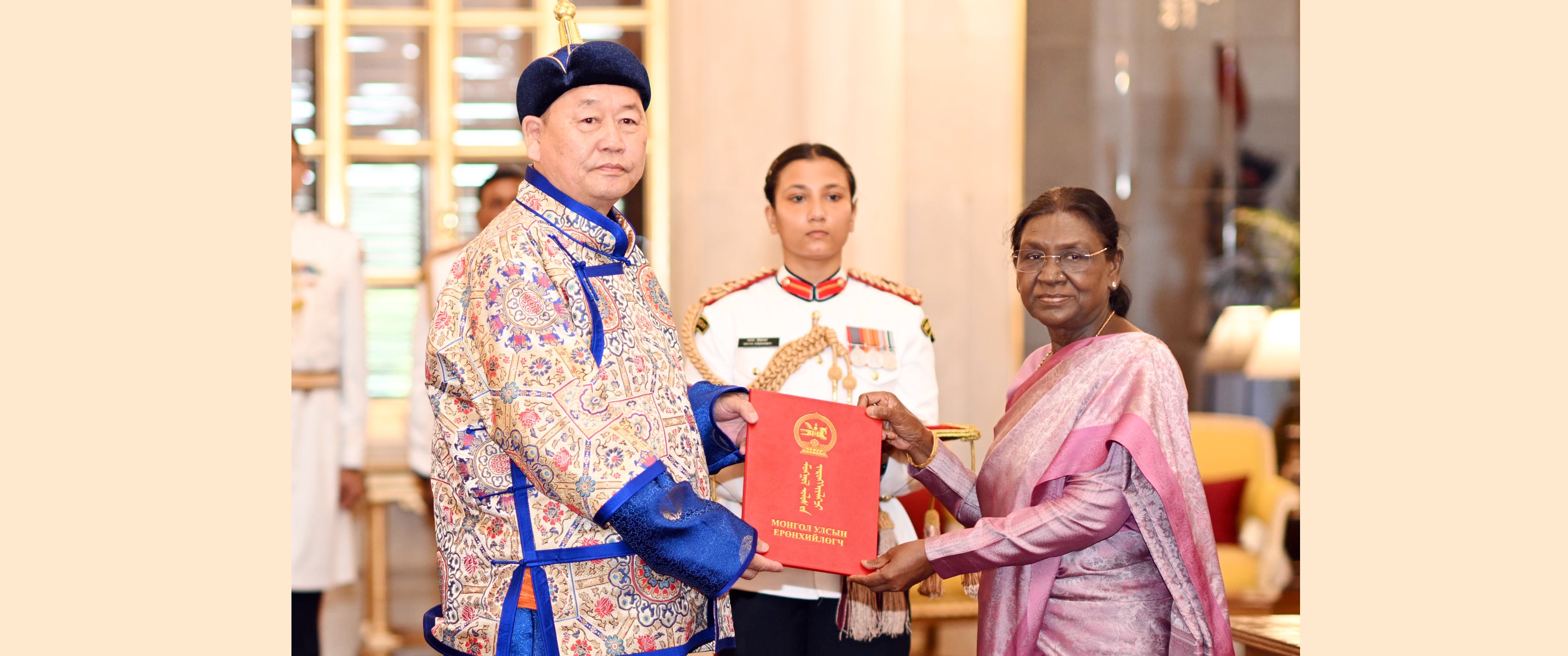 H.E. Dr. Ulziit Luvsanjav, Ambassador of Mongolia presenting credentials to the President of India, Smt Droupadi Murmu at a ceremony held at Rashtrapati Bhavan on July 6, 2026.