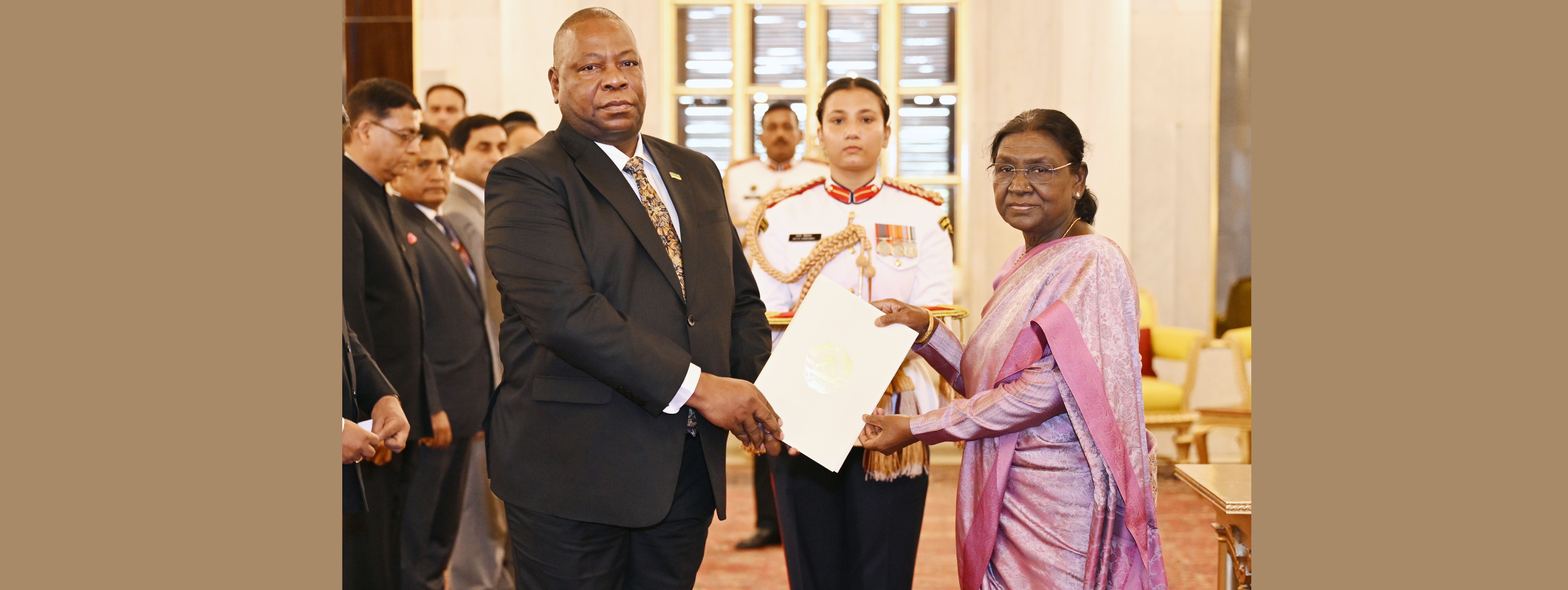 H.E. Mr. Armando Pedro Muiuane Junior, High Commissioner of the Republic of Mozambique presenting credentials to the President of India, Smt Droupadi Murmu at a ceremony held at Rashtrapati Bhavan on July 6, 2026.