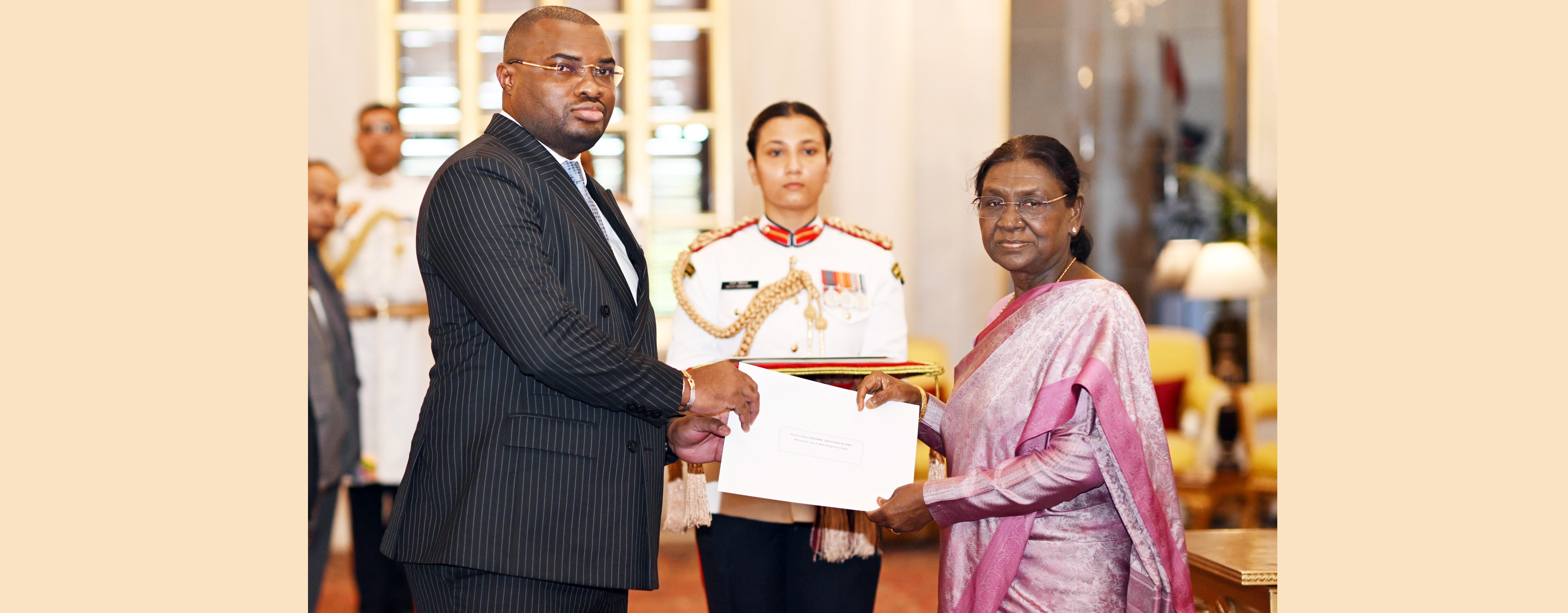 H.E. Mr. Aurelien-Marcel Mintsa Nguema, High Commissioner of the Gabonese Republic presenting credentials to the President of India, Smt Droupadi Murmu at a ceremony held at Rashtrapati Bhavan on July 6, 2026.
