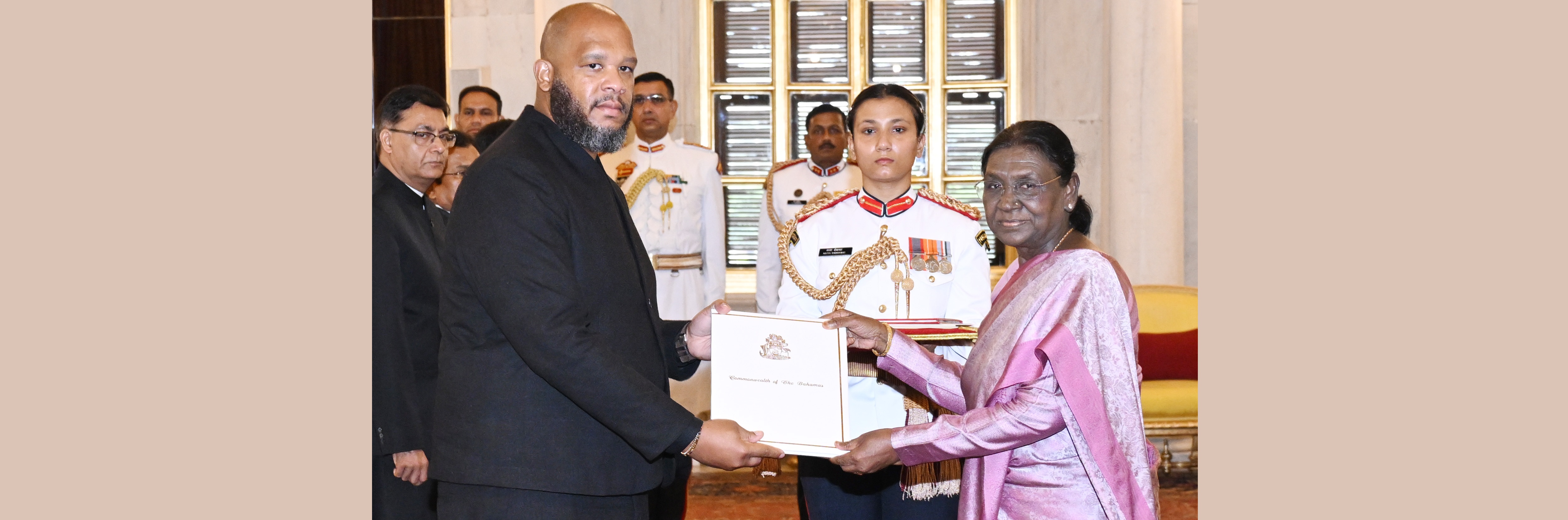 H.E. Mr. Peter Nicholas Symonette, High Commissioner of the Commonwealth of The Bahamas presenting credentials to the President of India, Smt Droupadi Murmu at a ceremony held at Rashtrapati Bhavan on July 6, 2026.