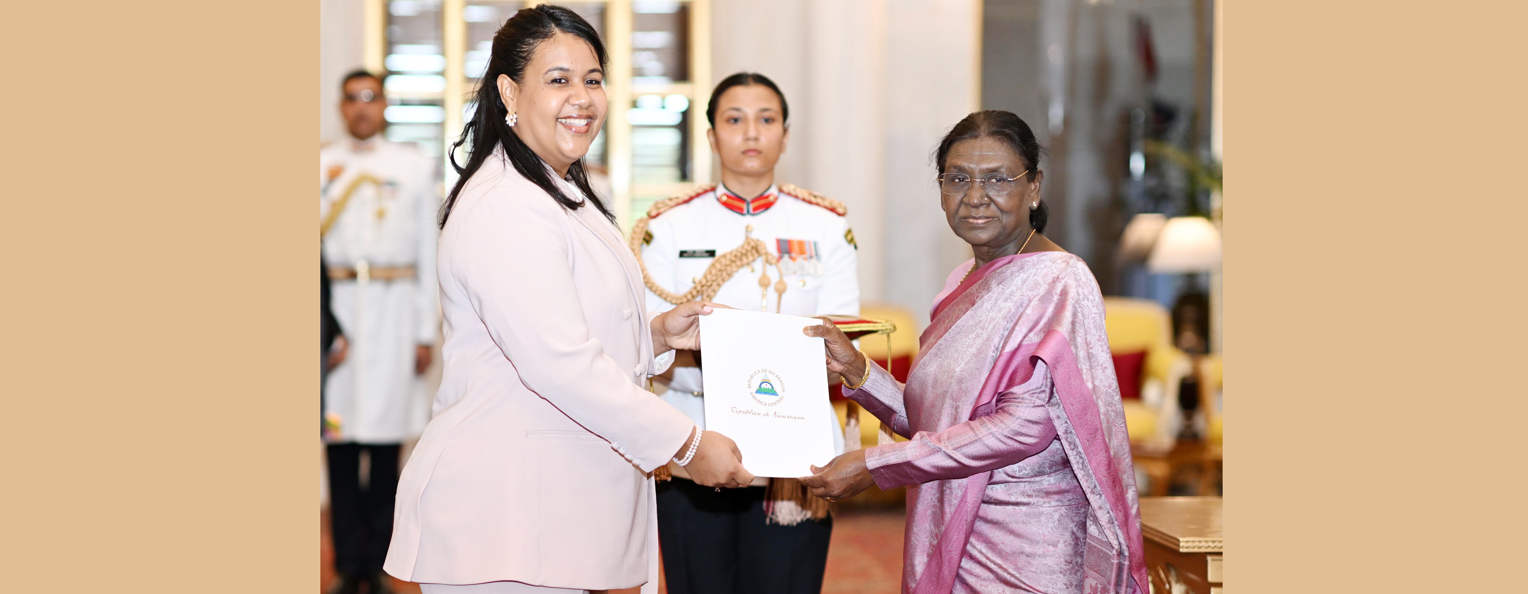 H.E. Ms. Nadeska Imara Cuthbert Carlson, Ambassador of the Republic of Nicaragua presenting credentials to the President of India, Smt Droupadi Murmu at a ceremony held at Rashtrapati Bhavan on July 6, 2026.