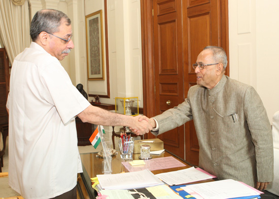 Shri Dinkar Khullar Ambassador designate of India to Belgium calling on the President of India, Shri Pranab Mukherjee at Rashtrapati Bhavan in New Delhi on August 22, 2012.