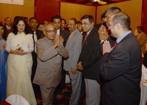 The President of India, Shri Pranab Mukherjee with some members of the Indian community in Bangladesh at the Reception hosted by the High Commissioner of India in Bangladesh on March 4, 2013 at Dhaka, Bangladesh during his State Visit.