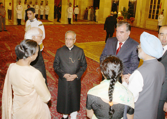 The President of India, Shri Pranab Mukherjee hosted a Banquet in honour of the President of the Tajikistan, H.E. Mr. Emomali Rahmon at Rashtrapati Bhavan in New Delhi on September 03, 2012. Also seen is the Vice President of India, Shri Mohd. Hamid Ansar