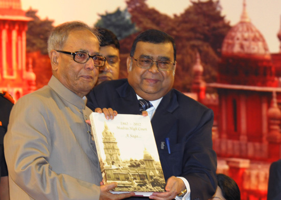 The President of India Shri Pranab Mukherjee eceiving a copy of the Souvenir from Supreme Court Judge, Justice Shri Altamas Kabir at the Valedictory Function of Sesquicentennial Celebrations of the Madras High Court at Chennai in Tamil Nadu on September 8