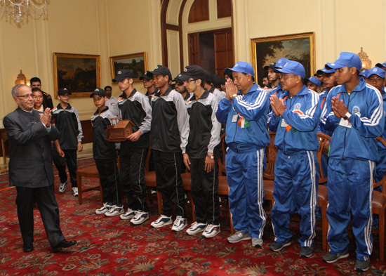 The President of India, Shri Pranab Mukherjee meeting Ladakh region and Badgam district of Jammu & Kashmir and Kokrajhar and Chirang districts of Assam at Rashtrapati Bhavan on September 19, 2012 who attended the Operation Sadbhavana Tour organized by th