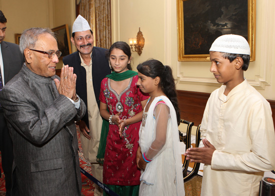 The President of India, Shri Pranab Mukherjee receiving Idu'l Zuha greetings from the people at Rashtrapati Bhavan in New Delhi on October 27, 2012.