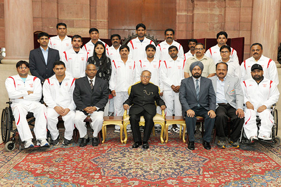 The President of India, Shri Pranab Mukherjee, with Para Sports Team Members and Officials of Paralympic Committee of India, Bangalore when they called-on him at Rashtrapati Bhavan on August 1, 2012.