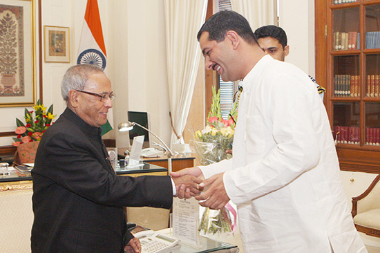 The Union Minister of State for Home Affairs, Shri Jitendra Singh calling on the President of India, Shri Pranab Mukherjee, on August 1, 2012 to felicitate him on his assumption of office as the President of India.