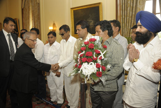 The President of India, Shri Pranab Mukherjee meeting with 10 member delegation from the various organisations on the occasion of the Maharishi Valmiki's Birthday at Rashtrapati Bhavan in New Delhi on October 29, 2012.