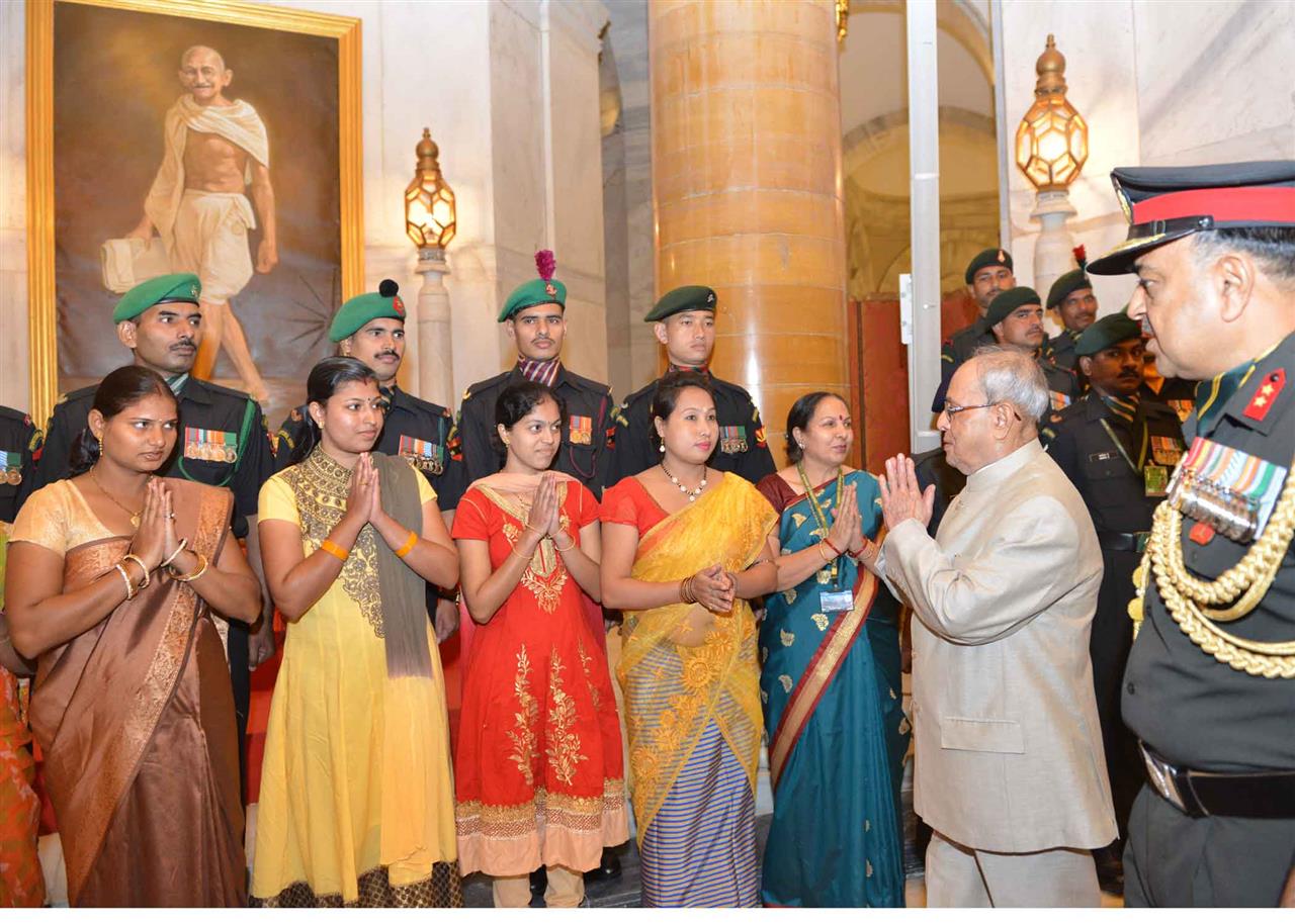 The President of India, Shri Pranab Mukherjee meeting the Officers, JCOs and other ranks of Territorial Army along with their spouses on the occasion of Raising Day of Territorial Army at Rashtrapati Bhavan on October 6, 2015.