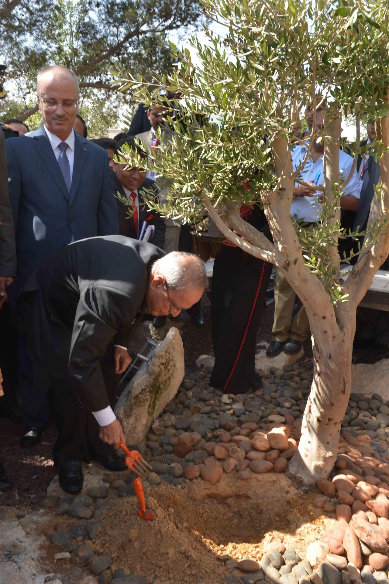 The President of India, Shri Pranab Mukherjee planting an Olive Sapling at Al-Quds University, Abu Dees in Palestine on October 13, 2015.