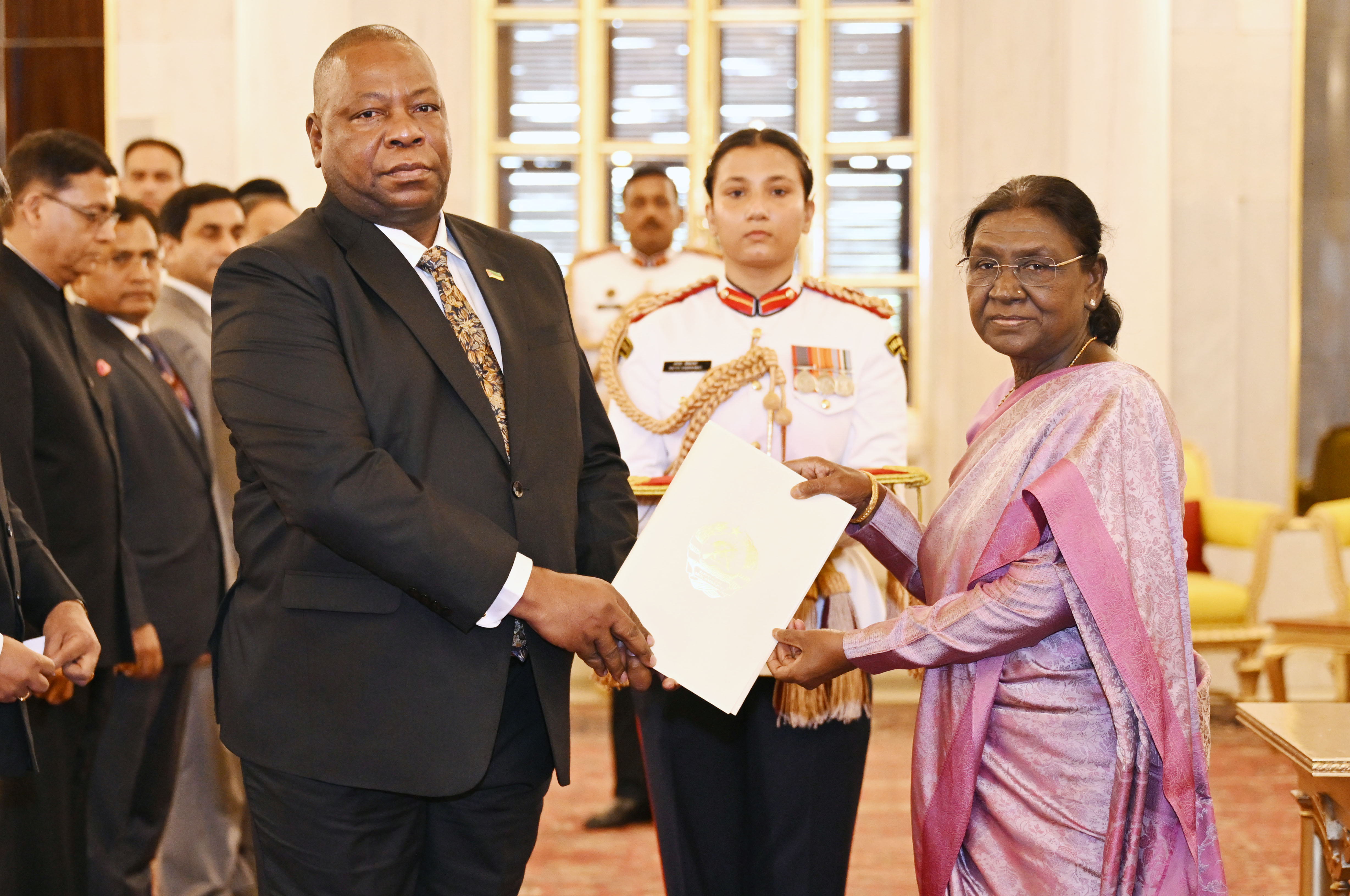 H.E. Mr. Armando Pedro Muiuane Junior, High Commissioner of the Republic of Mozambique presenting credentials to the President of India, Smt Droupadi Murmu at a ceremony held at Rashtrapati Bhavan on July 6, 2026.
