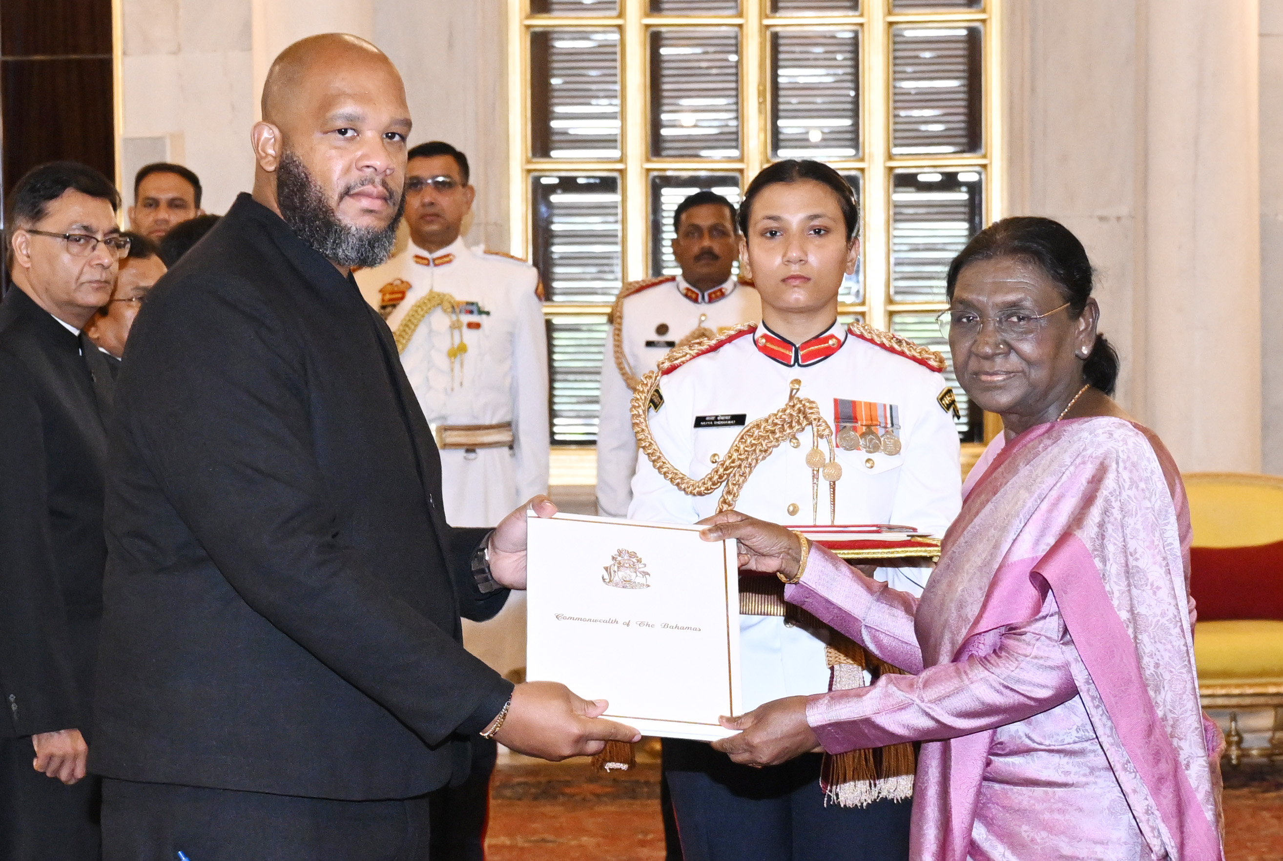 H.E. Mr. Peter Nicholas Symonette, High Commissioner of the Commonwealth of The Bahamas presenting credentials to the President of India, Smt Droupadi Murmu at a ceremony held at Rashtrapati Bhavan on July 6, 2026.