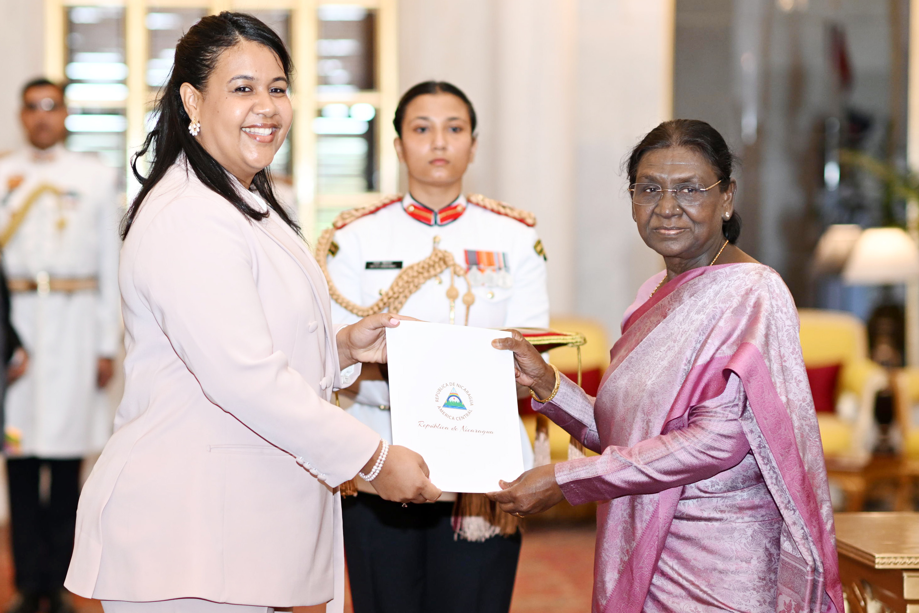 H.E. Ms. Nadeska Imara Cuthbert Carlson, Ambassador of the Republic of Nicaragua presenting credentials to the President of India, Smt Droupadi Murmu at a ceremony held at Rashtrapati Bhavan on July 6, 2026.