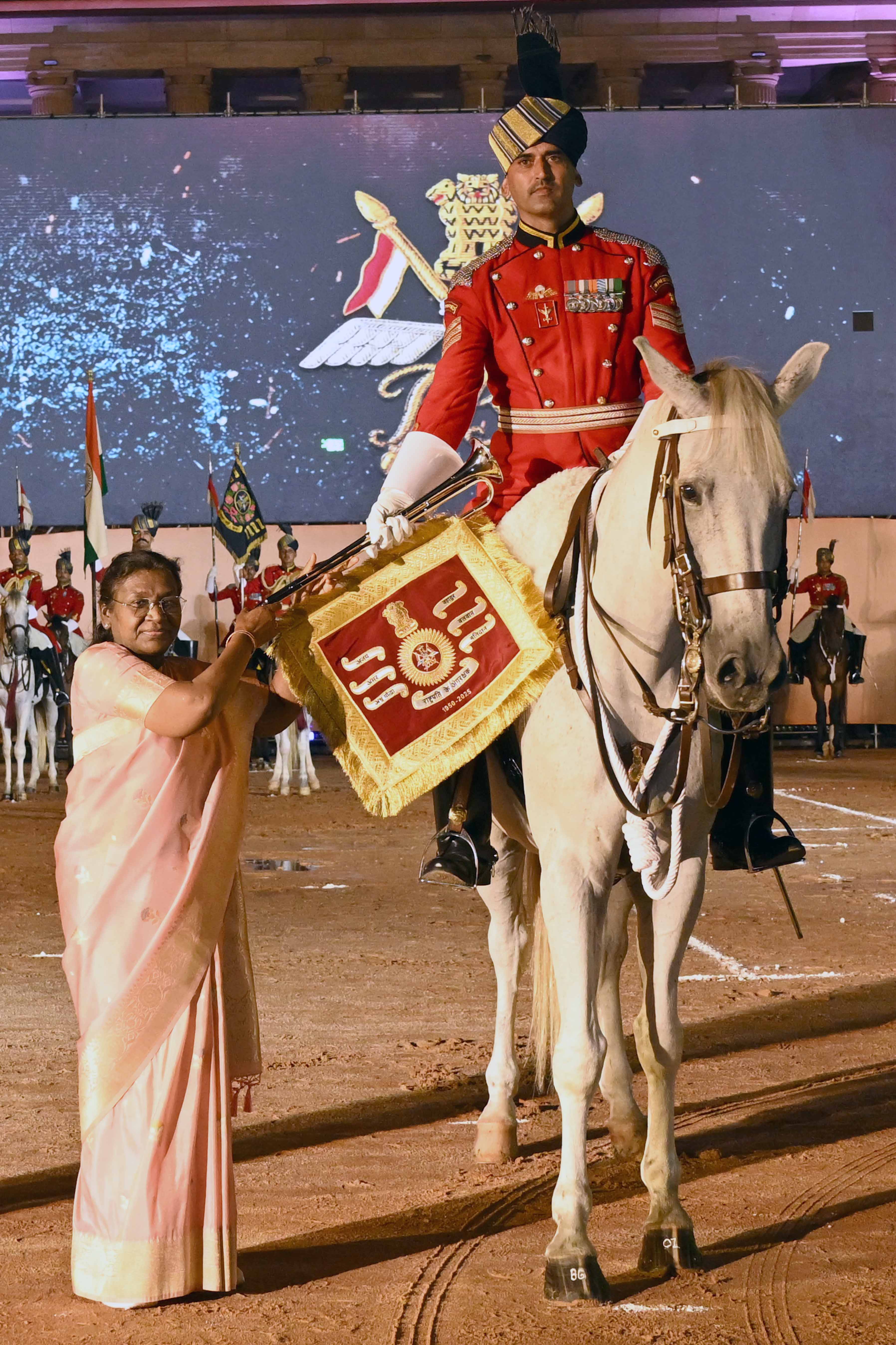 President Droupadi Murmu presents Diamond Jubilee Trumpet and Trumpet Banner to the President’s Bodyguard on September 30, 2025.