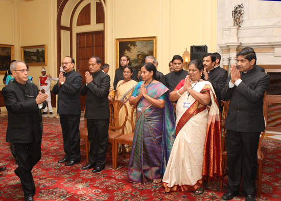 The President of India, Shri Pranab Mukherjee meeting with the Officer Trainees of the 111th Induction Training Programme for State Civil Service Officers, promoted to the IAS from Lal Bahadur Shastri National Academy of Administration, Mussoorie at the R