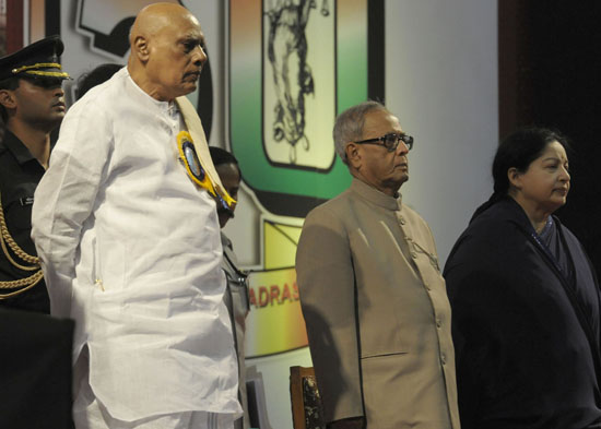 The President of India, Shri Pranab Mukherjee at the Valedictory Function of Sesquicentennial Celebrations of the Madras High Court at Chennai in Tamil Nadu on September 8, 2012. Also seen is the Governor of Tamil Nadu, Dr. K. Rosaiah and Chief Minister