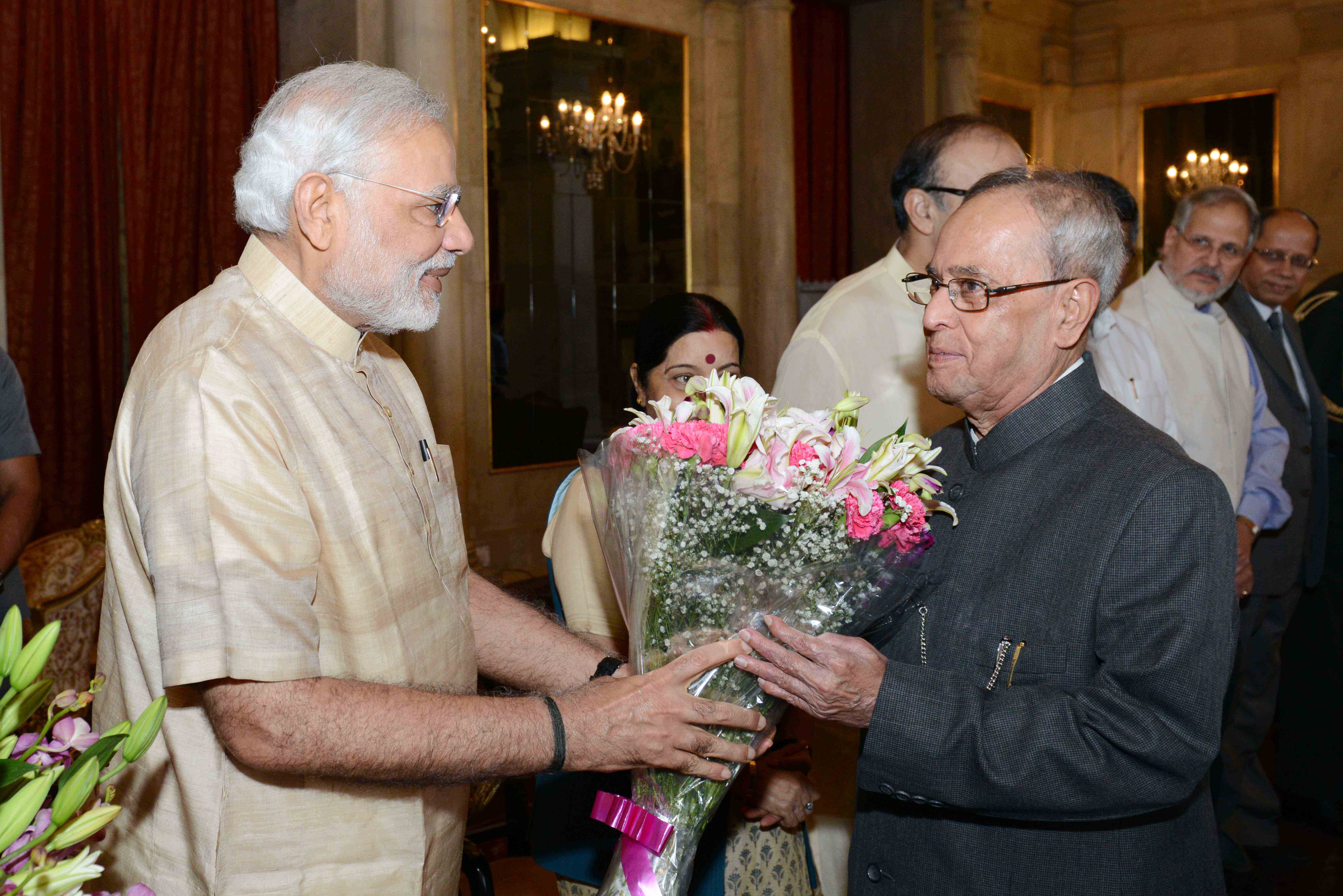 The Prime Minister of India, Shri Narendra Modi bidding farewell to the President of India, Shri Pranab Mukherjee at Rashtrapati Bhavan on May 31, 2015 on his Ceremonial Departure for the State Visits to Sweden and Belarus.