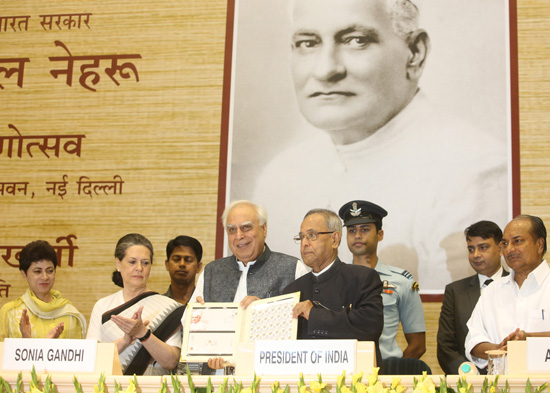 The President of India, Shri Pranab Mukherjee releasing the Commemorative Postage Stamp on the Late Shri Motilal Nehru on the special function of his 150th Birth Anniversary in New Delhi on September 25, 2012. Also seen (left to right) are the Union Minis