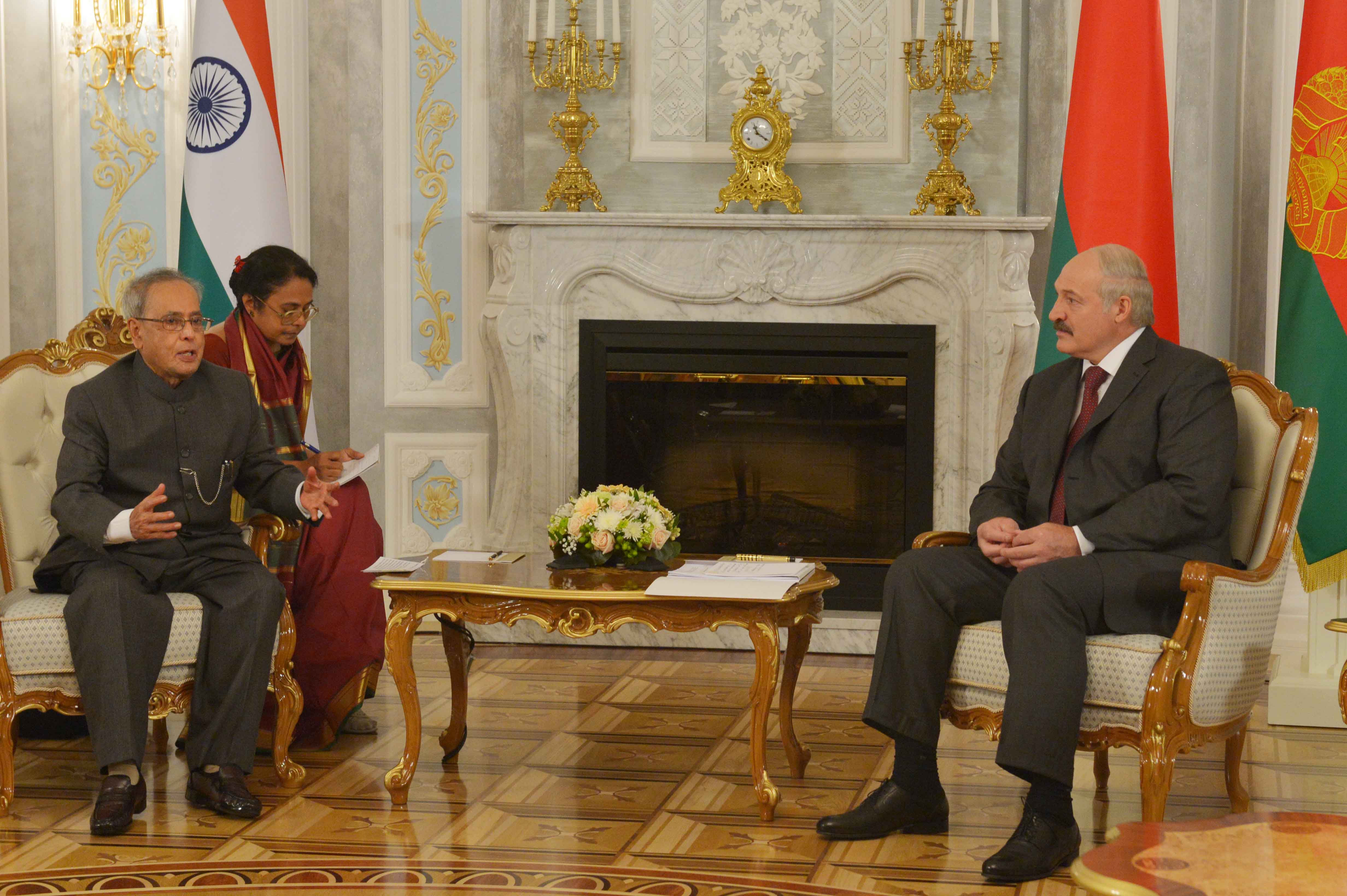The President of India, Shri Pranab Mukherjee calling on President of the Republic of Belarus, H.E. Alexander Lukashenko, at Palace of Independence at Minsk in Belarus on June 3, 2015.