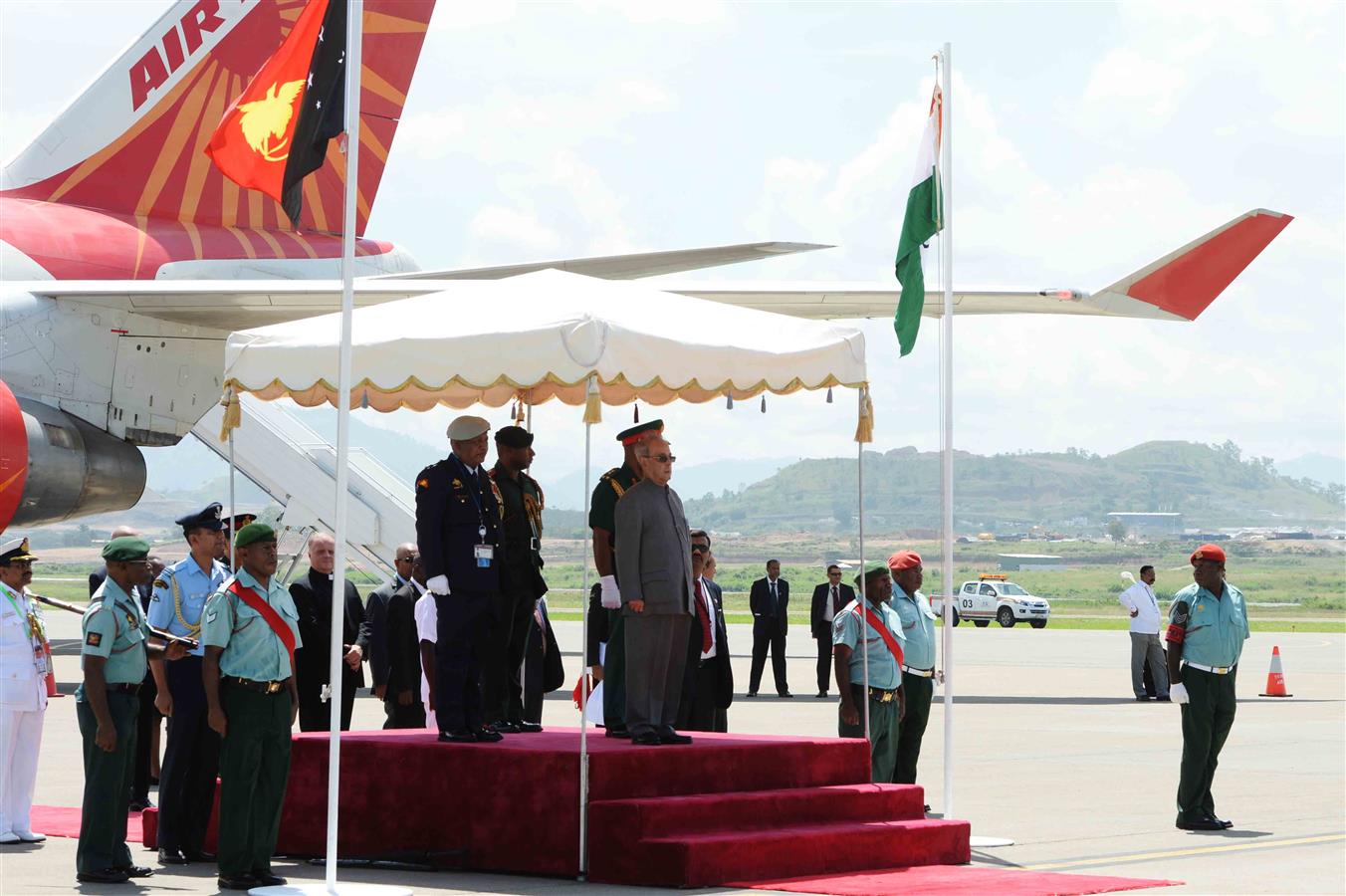 The President of India, Shri Pranab Mukherjee at the Ceremonial Reception on his arrival at Jackson's International Airport, Port Moresby in Papua New Guinea on April 28, 2016. 
