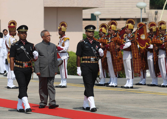 The President of India, Shri Pranab Mukherjee inspecting the Guard of Honour on his arrival at Amausi Airport in Lucknow on October 12, 2012.