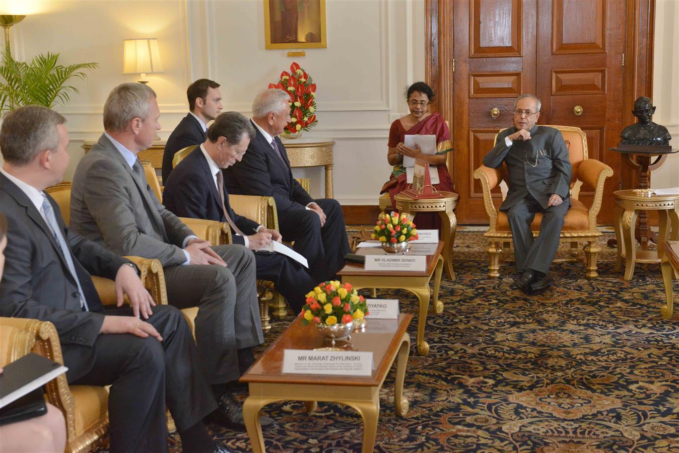 The Chairman of the Republic of National Assembly of Belarus,H.E. Dr. Mikhail Myasnikovich calling on the President of India, Shri Pranab Mukherjee at Rashtrapati Bhavan on May 11, 2016. 