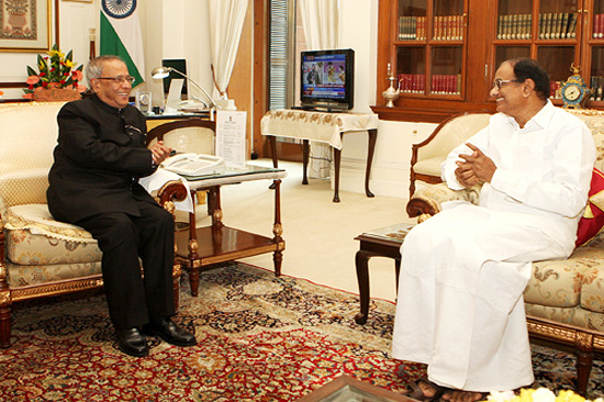 The Union Minister of Finance, Shri P Chidambaram calling on the President of India, Shri Pranab Mukherjee, on August 1, 2012 to felicitate him on his assumption of office as the President of India.