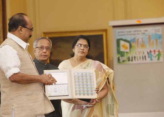 The President of India, Shri Pranab Mukherjee releasing a Commemorative Postage Stamp on the occasion of Silver Jubilee of Consumer Protection Act, 1986 at Rashtrapati Bhavan in New Delhi on November 29, 2012. Also seen are the Union Ministers of State (