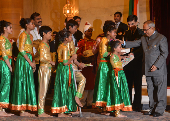 The President of India, Shri Pranab Mukherjee interacting with differently abled children at Rashtrapati Bhavan on the occasion of his 77th birthday on December 11, 2012.