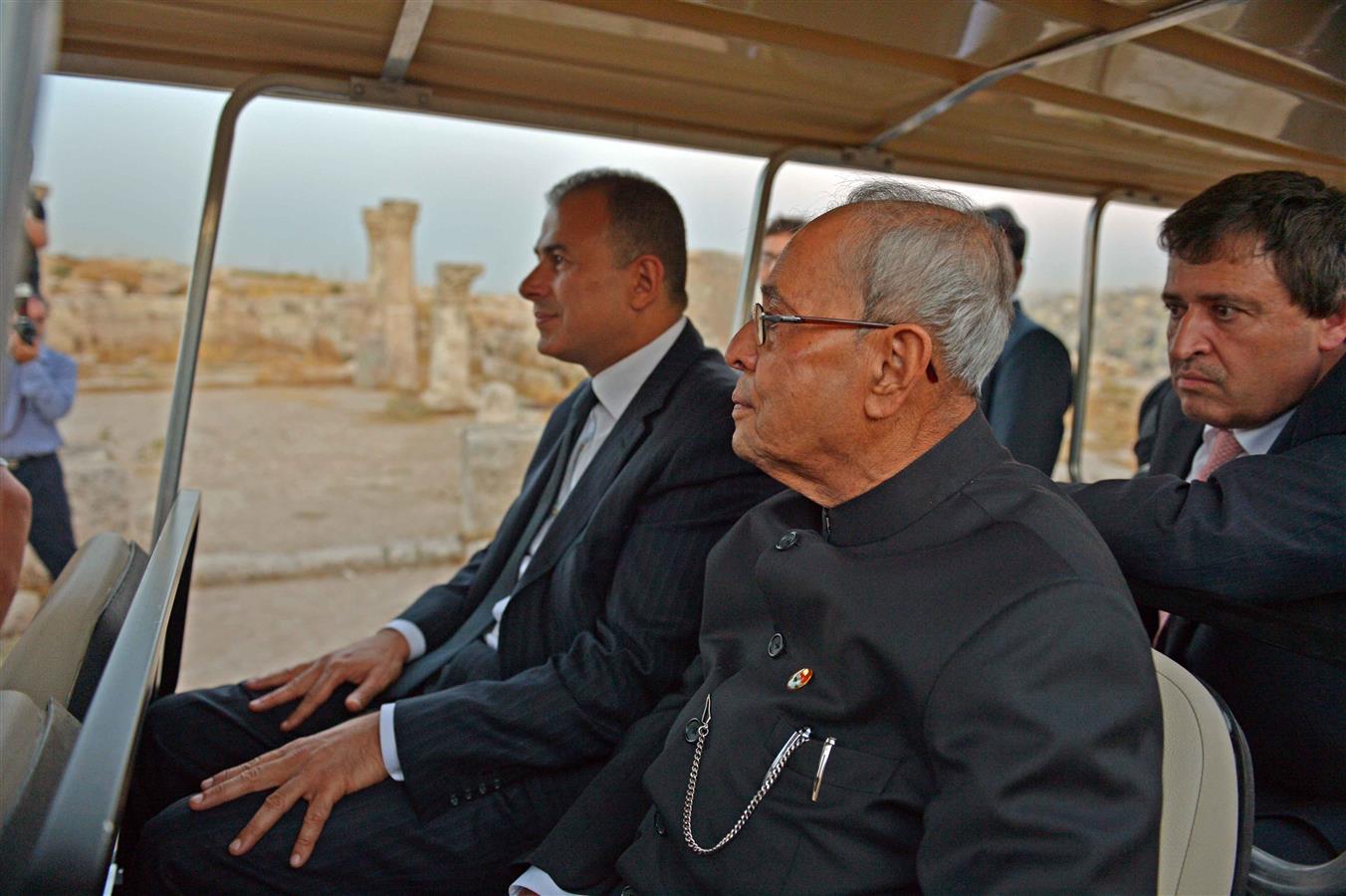 The President of India, Shri Pranab Mukherjee visiting the ancient pillar of the Great Temple, a historical site in Amman, Jordan on October 11, 2015.