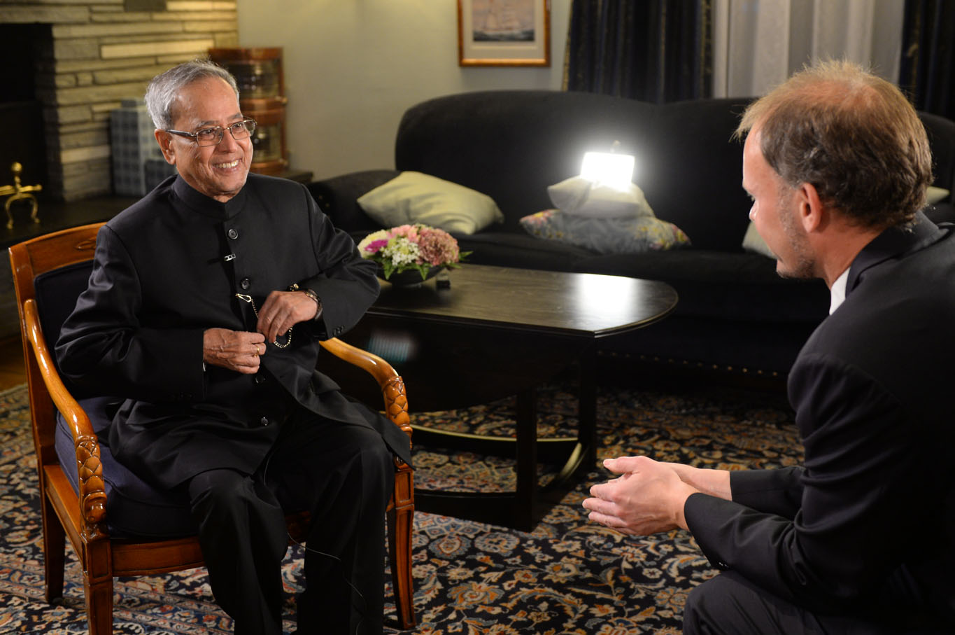 The President of India, Shri Pranab Mukerjee being interviewed by Mr. Philip Lote from NRK Television at Norway Oslo on October 12, 2014. 