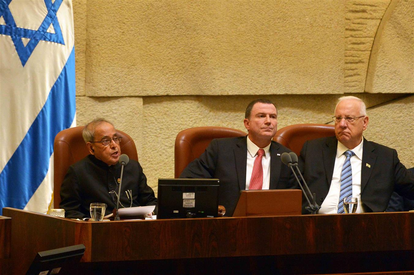 The President of India, Shri Pranab Mukherjee addressing the members of the Knesset (Parliament of Israel) at Jerusalem in Israel on October 14, 2015.