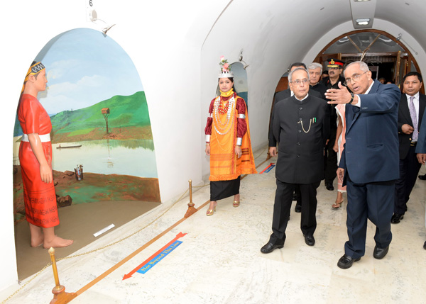 The President of India, Shri Pranab Mukherjee visiting Don Bosco Museum of Indigenous Cultures at Mawlai in Shillong, Meghalaya on October 21, 2013. Also seen is the Governor of Meghalaya, Dr. K.K. Paul.