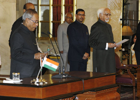 Shri Mohd. Hamid Ansari having been elected as the 14th Vice-President of India was sworn-in by Shri Pranab Mukherjee, the President of India. The oath taking ceremony was conducted at Rashtrapati Bhavan on August 11, 2012.