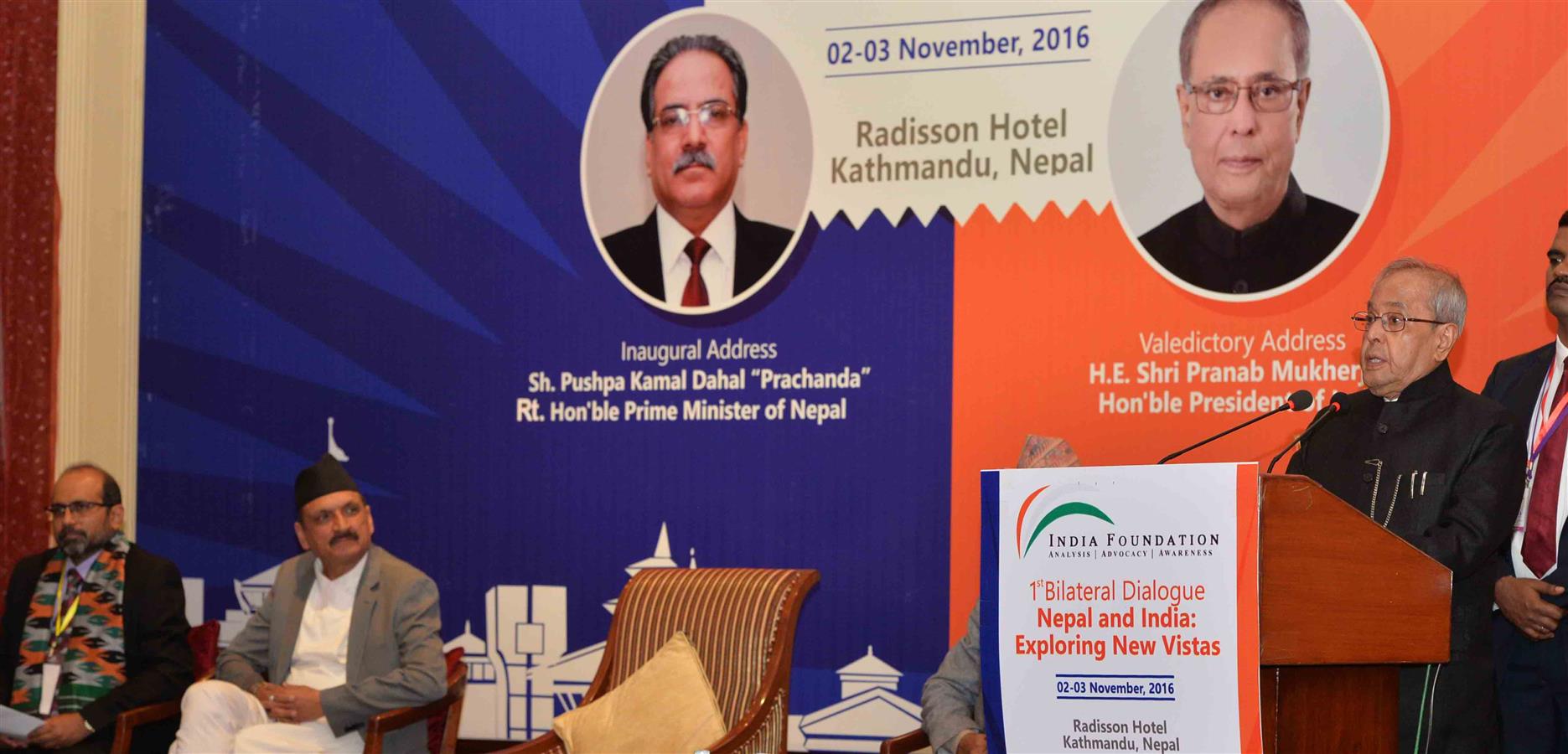 The President of India, Shri Pranab Mukherjee addressing at the seminar ‘Nepal and India: Exploring New Vistas’ organized by India Foundation and Neeti Anusandhan Pratishthan Nepal in Kathmandu in Nepal on November 3, 2016. 
