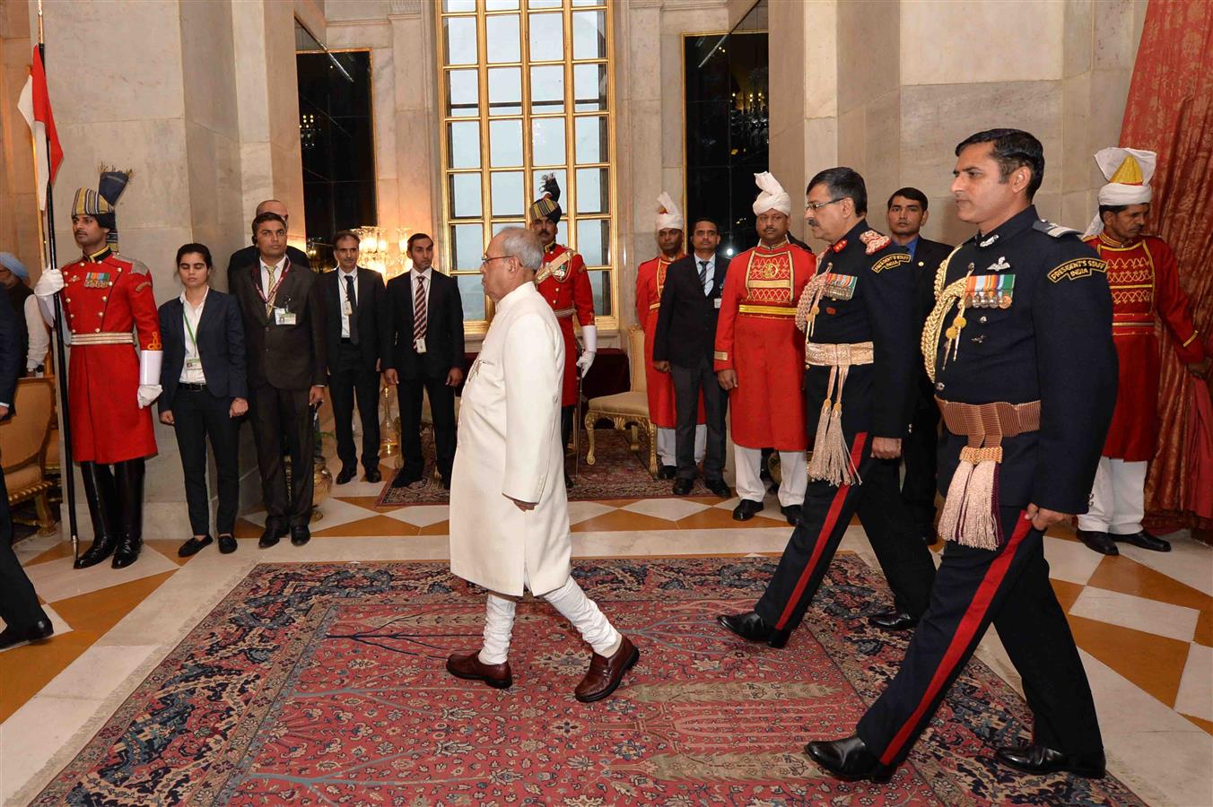 The President of India, Shri Pranab Mukherjee arriving in procession for the Republic Day 'At Home' Reception hosted by him at Rashtrapati Bhavan on January 26, 2017.