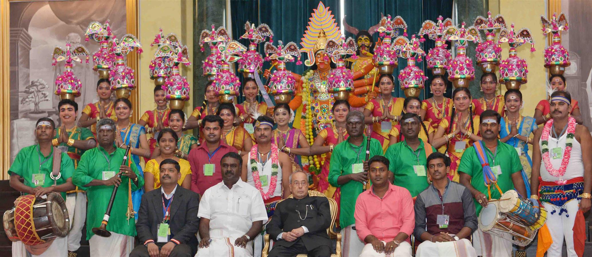 The President of India, Shri Pranab Mukherjee with artistes who had participated in the 68th Republic Day Parade at Rashtrapati Bhavan Cultural Center (RBCC) on January 27, 2017.