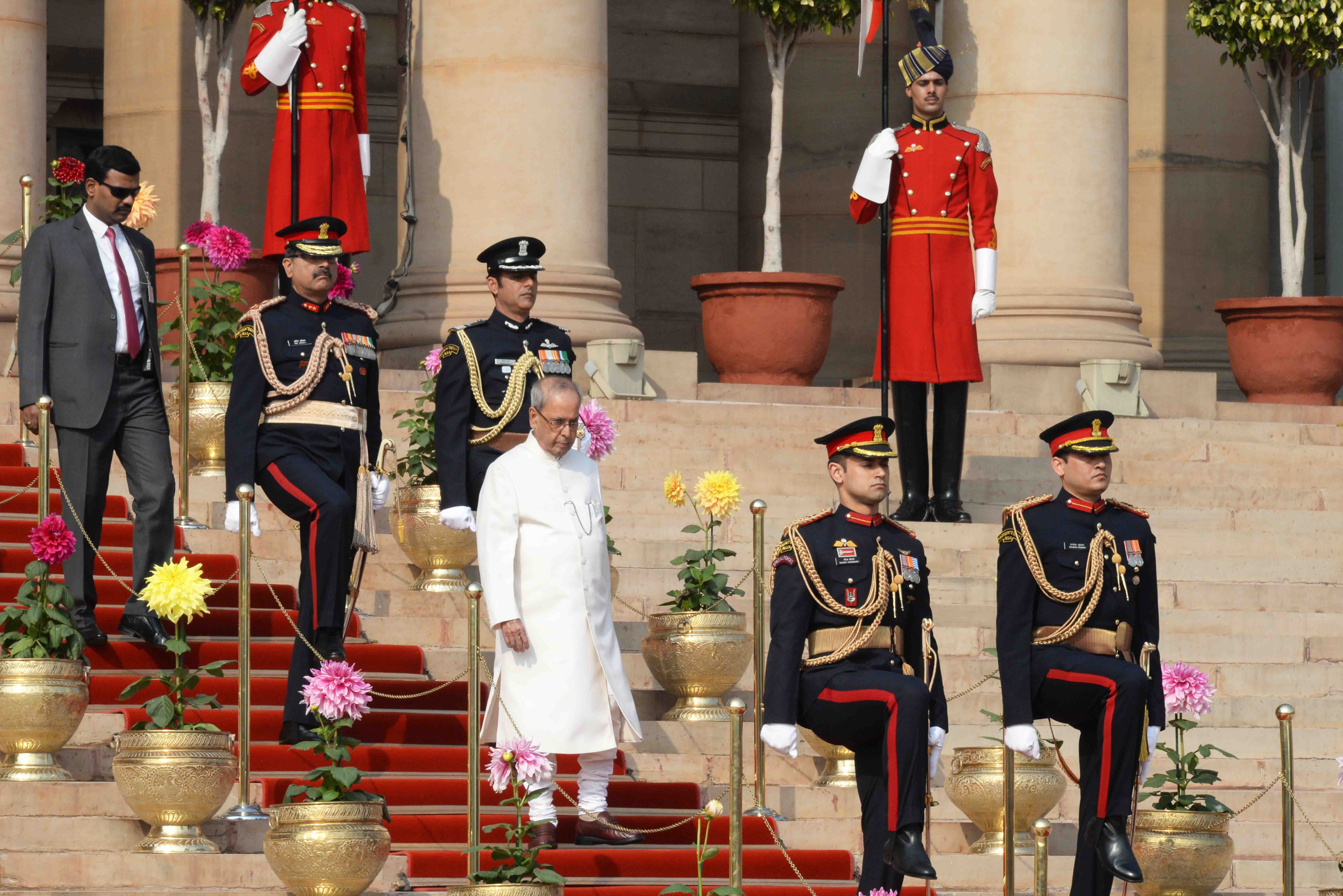 The President of India Shri Pranab Mukherjee in procession during the departure from Rashtrapati Bhavan to deliver his address to both the Houses of Parliament in New Delhi on January 31, 2017.
