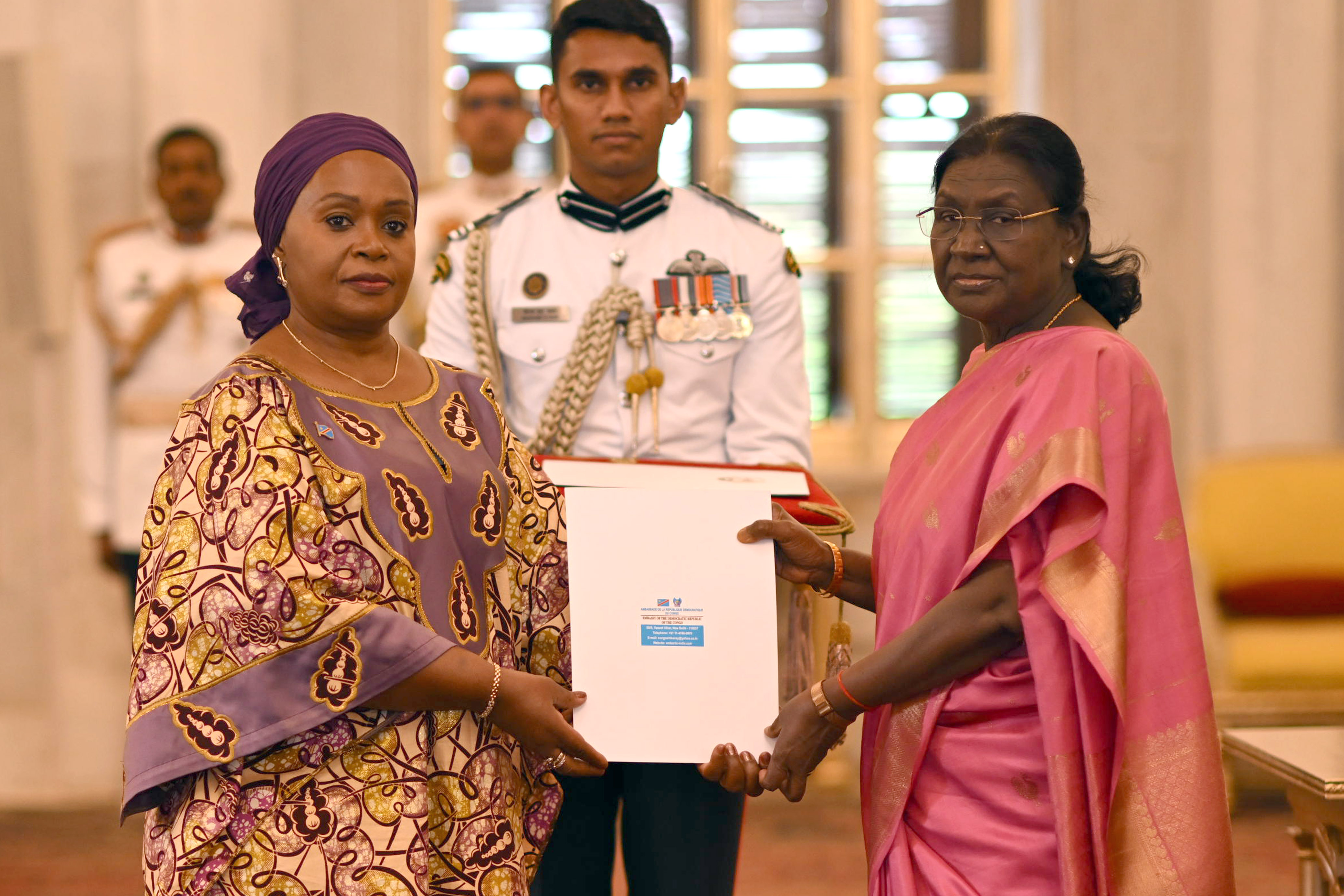 H.E. Mrs Emilie Ayaza Mushobekwa, Ambassador of the Democratic Republic of the Congo presenting credentials to the President of India, Smt Droupadi Murmu at a ceremony held at Rashtrapati Bhavan on April 23, 2026.